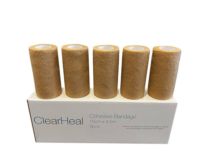 ClearHeal Cohesive Bandages, Beige, Pack of 5 (10cm x 4.5m)
