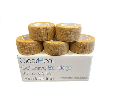 ClearHeal Cohesive Bandages, Beige, Pack of 5 (2.5cm x 4m, Latex Free)