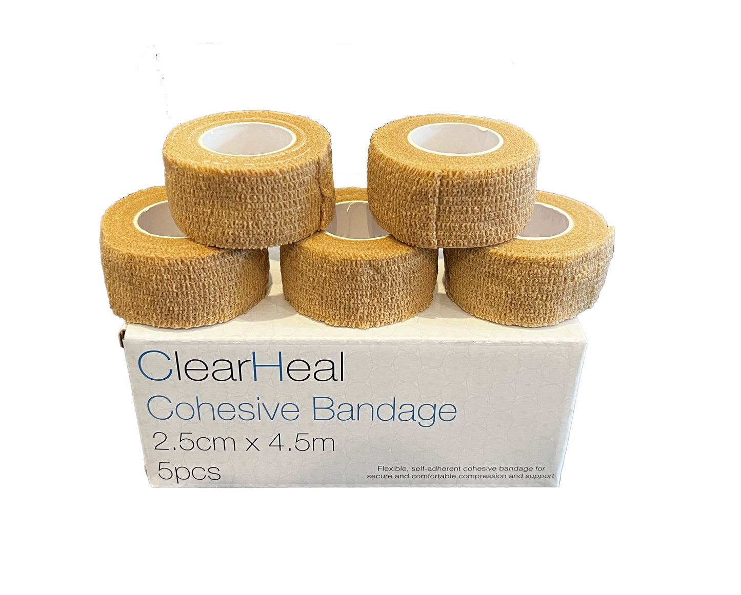 ClearHeal Cohesive Bandages, Beige, Pack of 5 (2.5cm x 4.5m)