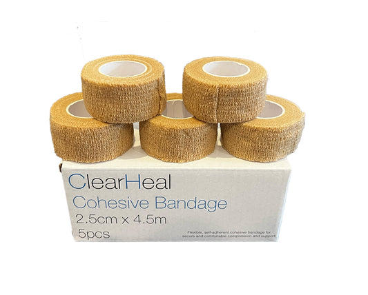 ClearHeal Cohesive Bandages, Beige, Pack of 5 (2.5cm x 4.5m)