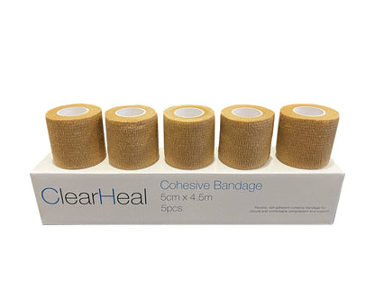 ClearHeal Cohesive Bandages, Beige, Pack of 5 (5cm x 4.5m)