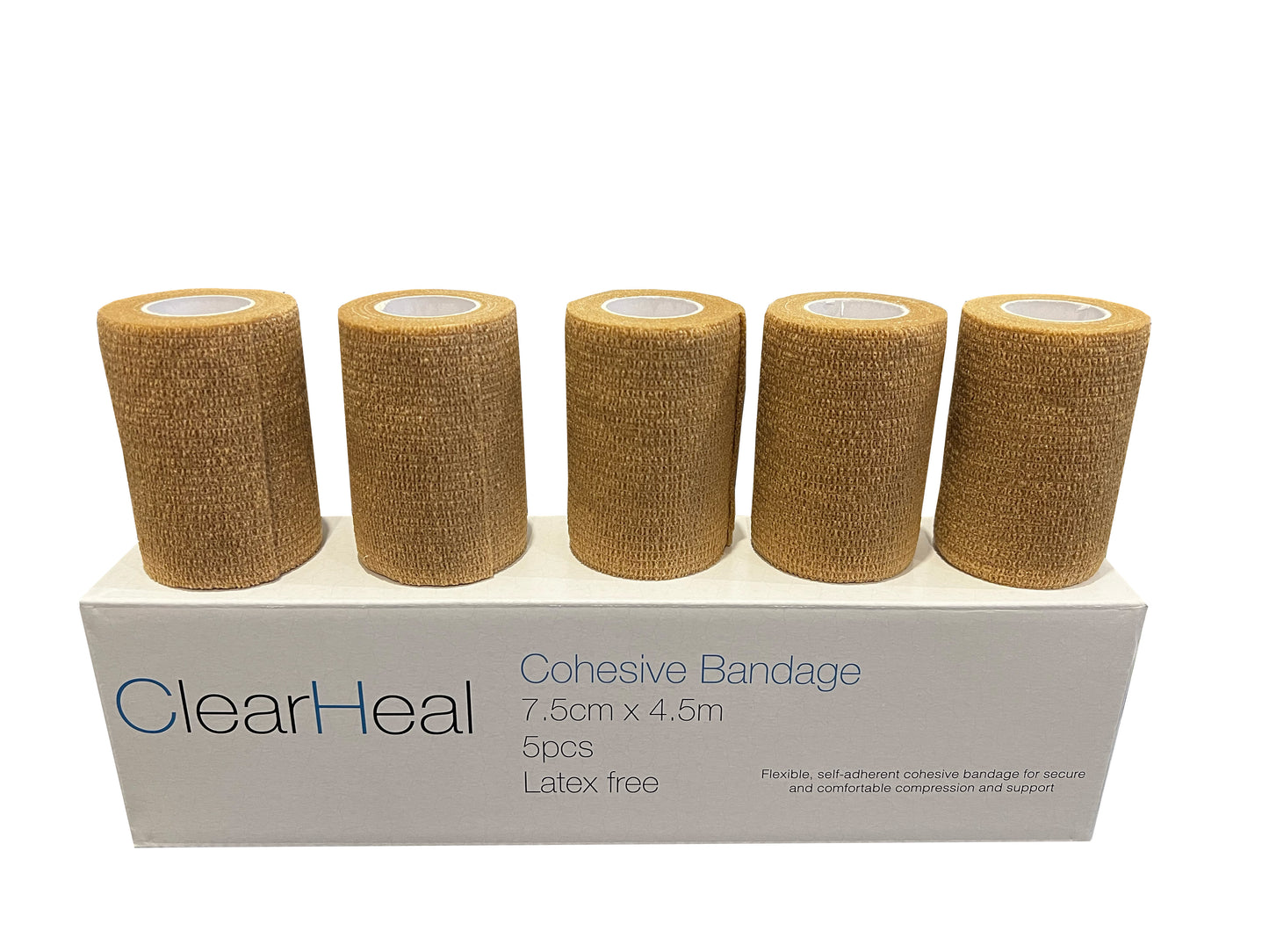 ClearHeal Cohesive Bandages, Beige, Pack of 5 (7.5cm x 4.5m, Latex Free)